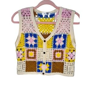 Eye Candy Crochet Granny Square Vest Multi-Color Button Front Boho Knit One Size